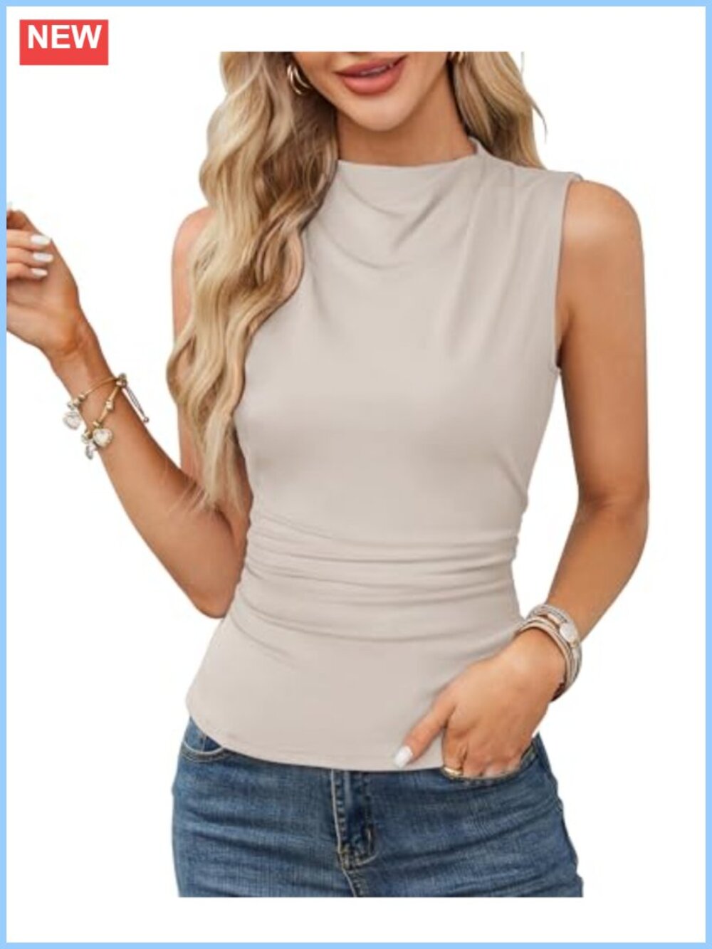 Sleeveless Tank Top Mock Neck Ruched Slim Fit Casual Layering Shirt